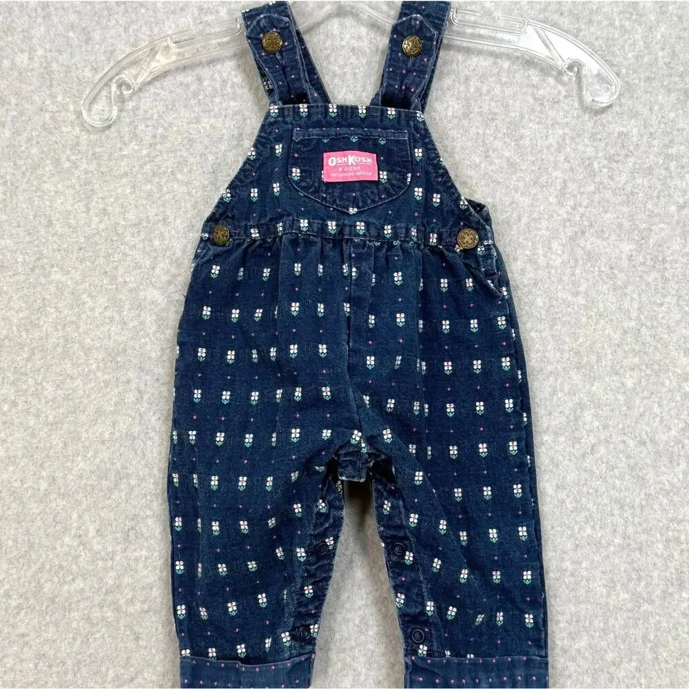 Vtg 90s OshKosh Bgosh Floral Vestbak Overalls Bow Back Size 6/9 Mo USA UGWA